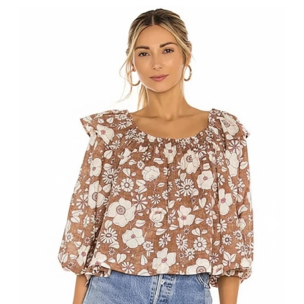 Free People Miss Daisy Brown and White Floral Brown Blouse